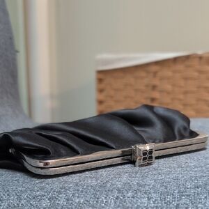 BCBGMaxAzria Black Satin Mini Clutch with Silver Frame